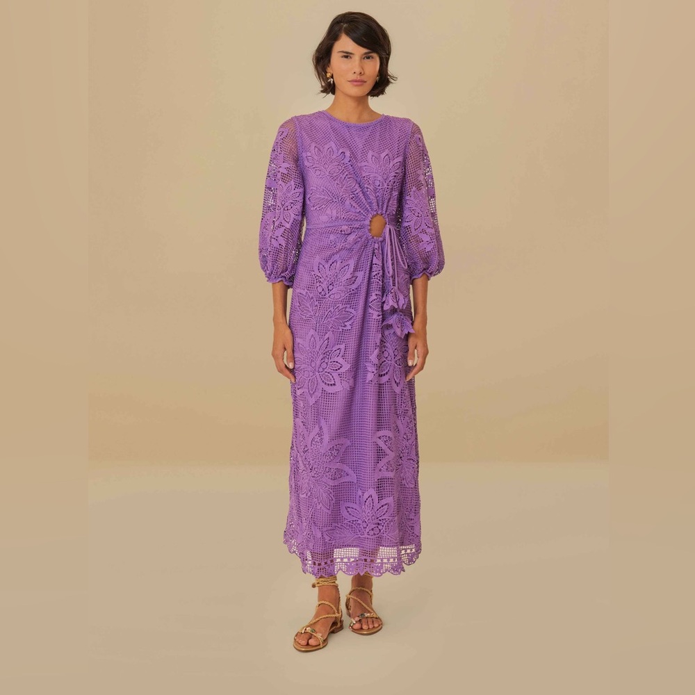 FARM Rio Purple Crochet Midi Dress with Tie Waist - Picture 3 of 9